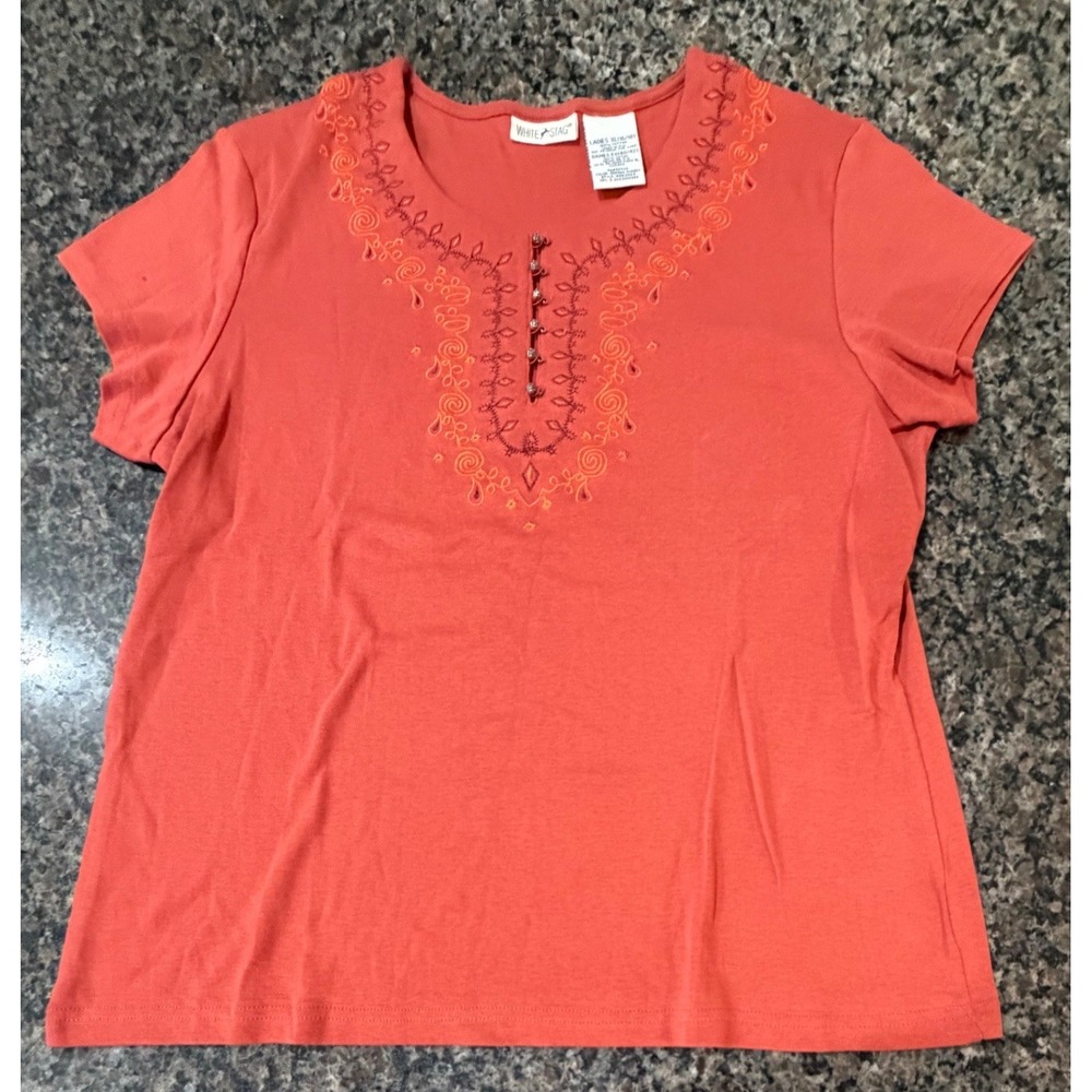 White Stag Womens XL Sedona Sunset Orange Embroidered Rose Button Top WS512944